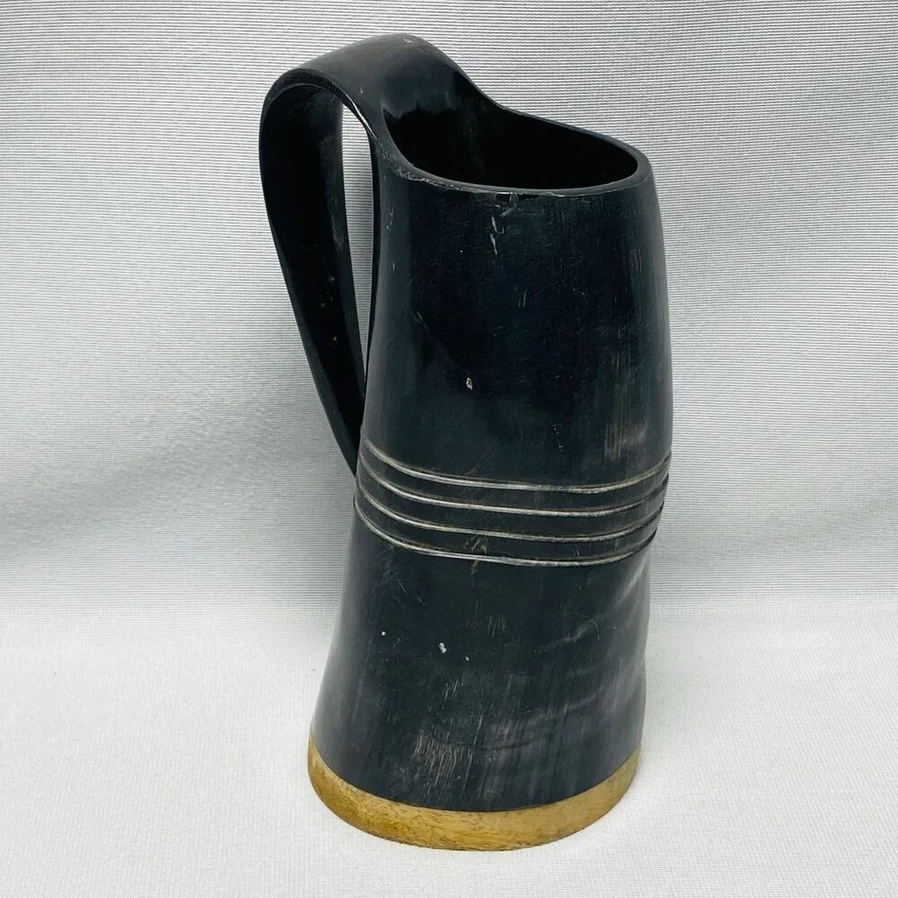 Vintage Black Horn Tankard Beer Drinking Mug With Handle & Wooden Base